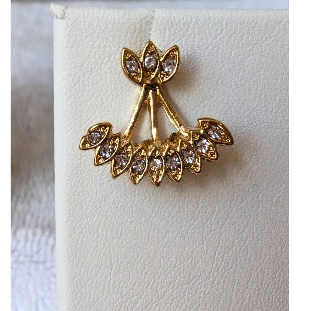 Gold Rhinestone Leaf Earrings Under the Lobe Jacket or Wear as Posts NEW - Picture 2 of 3